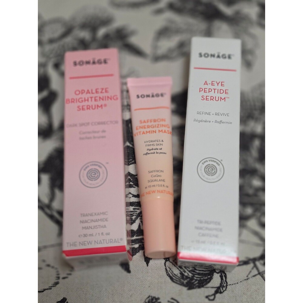 RETAIL $150 Sonage Opaleze Serum + A-Eye Peptide Serum + Saffron Energizing Mask